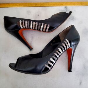 Vintage HALSTON Black Leather Peep Toe Heels Women's Designer Shoe Size 8